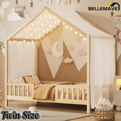 Bellemave® Twin House BedFrame with Canopy, Montessori Floor Bed, House Bed with Rails for Kids, Natural - Bellemave