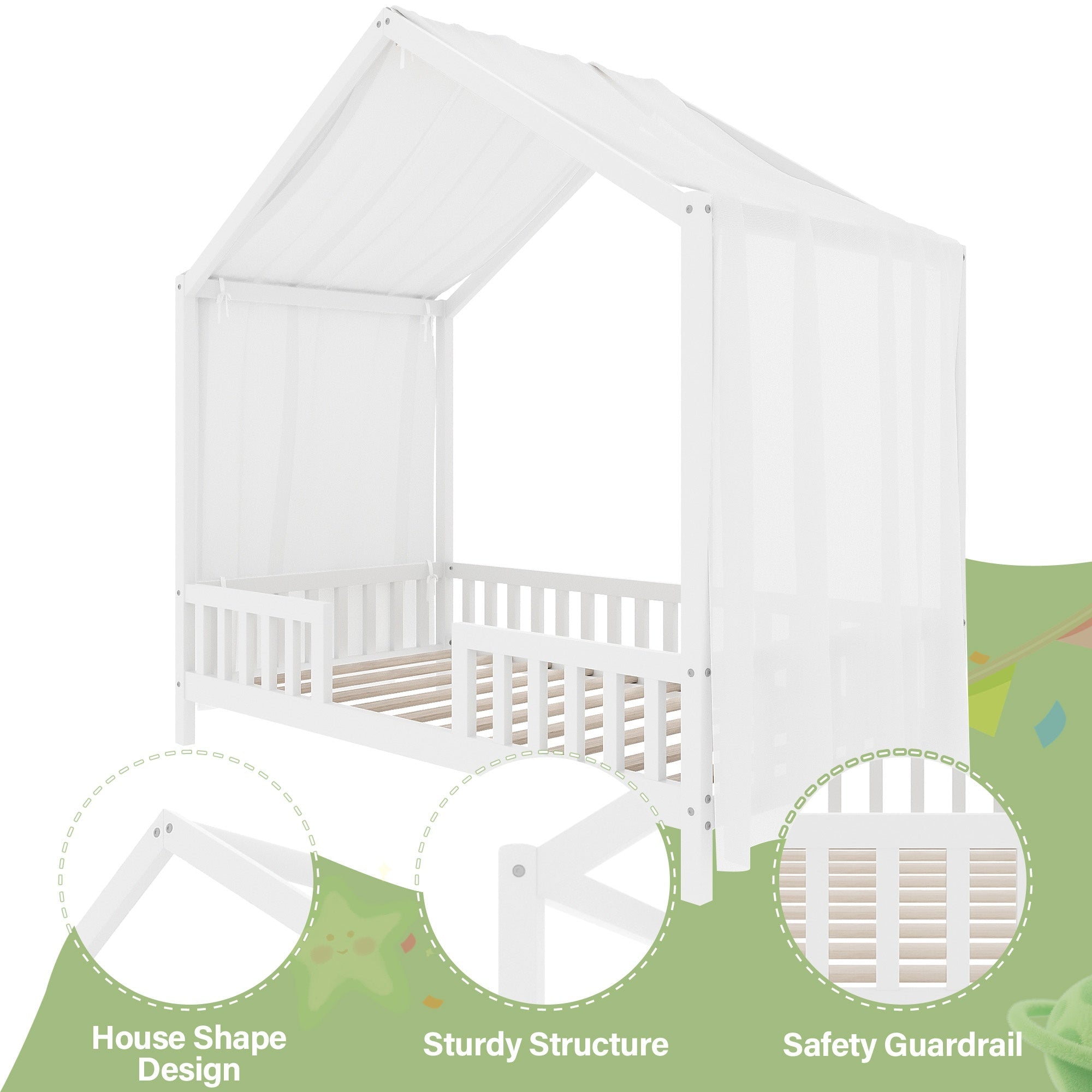 Bellemave® Twin House BedFrame with Canopy, Montessori Floor Bed, House Bed with Rails for Kids, Natural - Bellemave