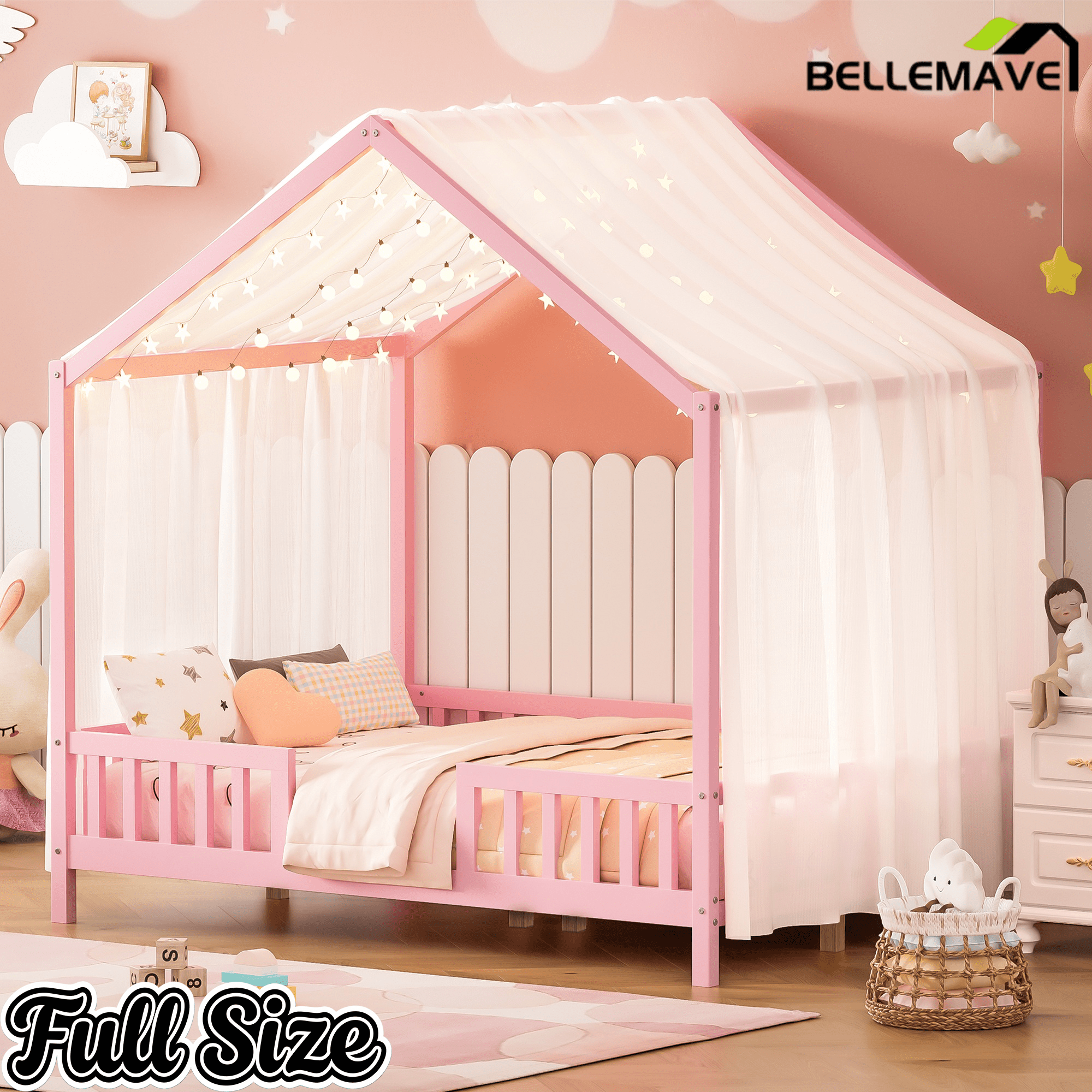 Bellemave® Twin House BedFrame with Canopy, Montessori Floor Bed, House Bed with Rails for Kids, Natural - Bellemave