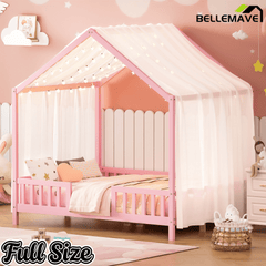 Bellemave® Twin House BedFrame with Canopy, Montessori Floor Bed, House Bed with Rails for Kids, Natural - Bellemave