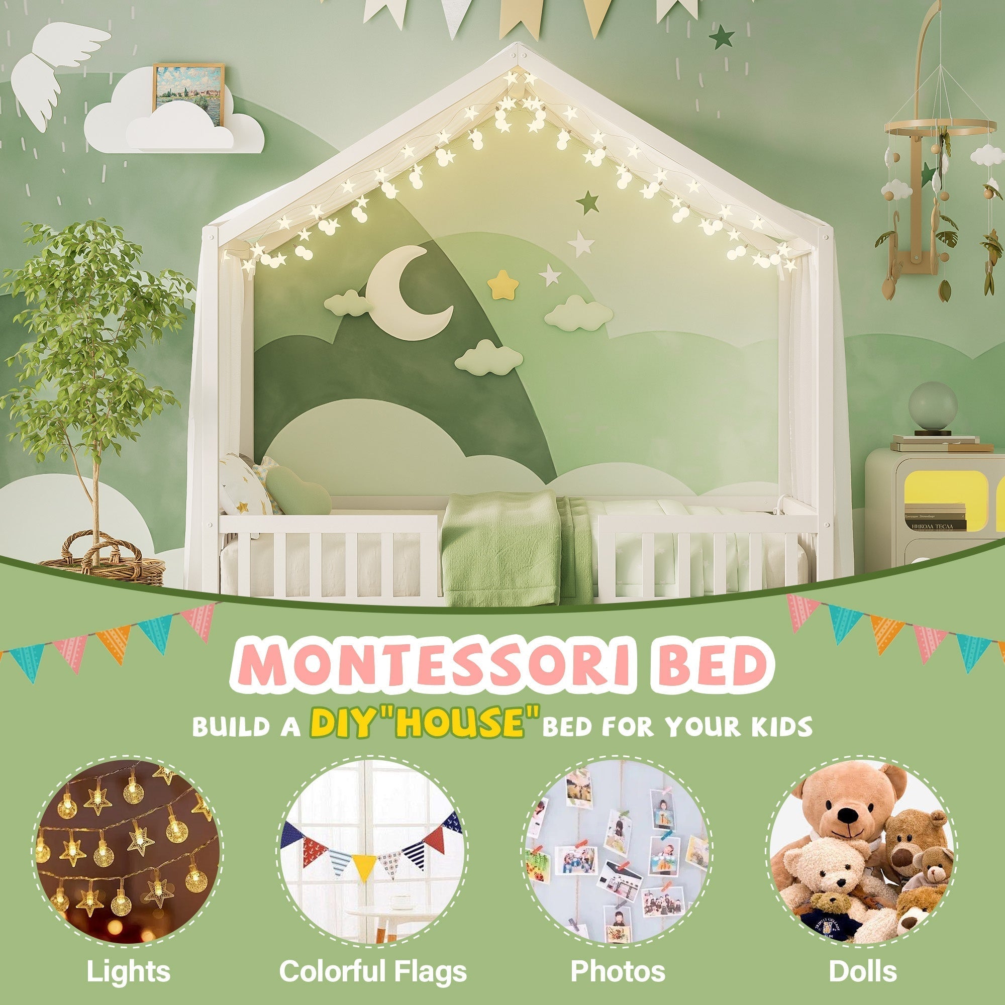 Bellemave® Twin House BedFrame with Canopy, Montessori Floor Bed, House Bed with Rails for Kids, Natural - Bellemave