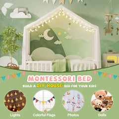 Bellemave® Twin House BedFrame with Canopy, Montessori Floor Bed, House Bed with Rails for Kids, Natural - Bellemave