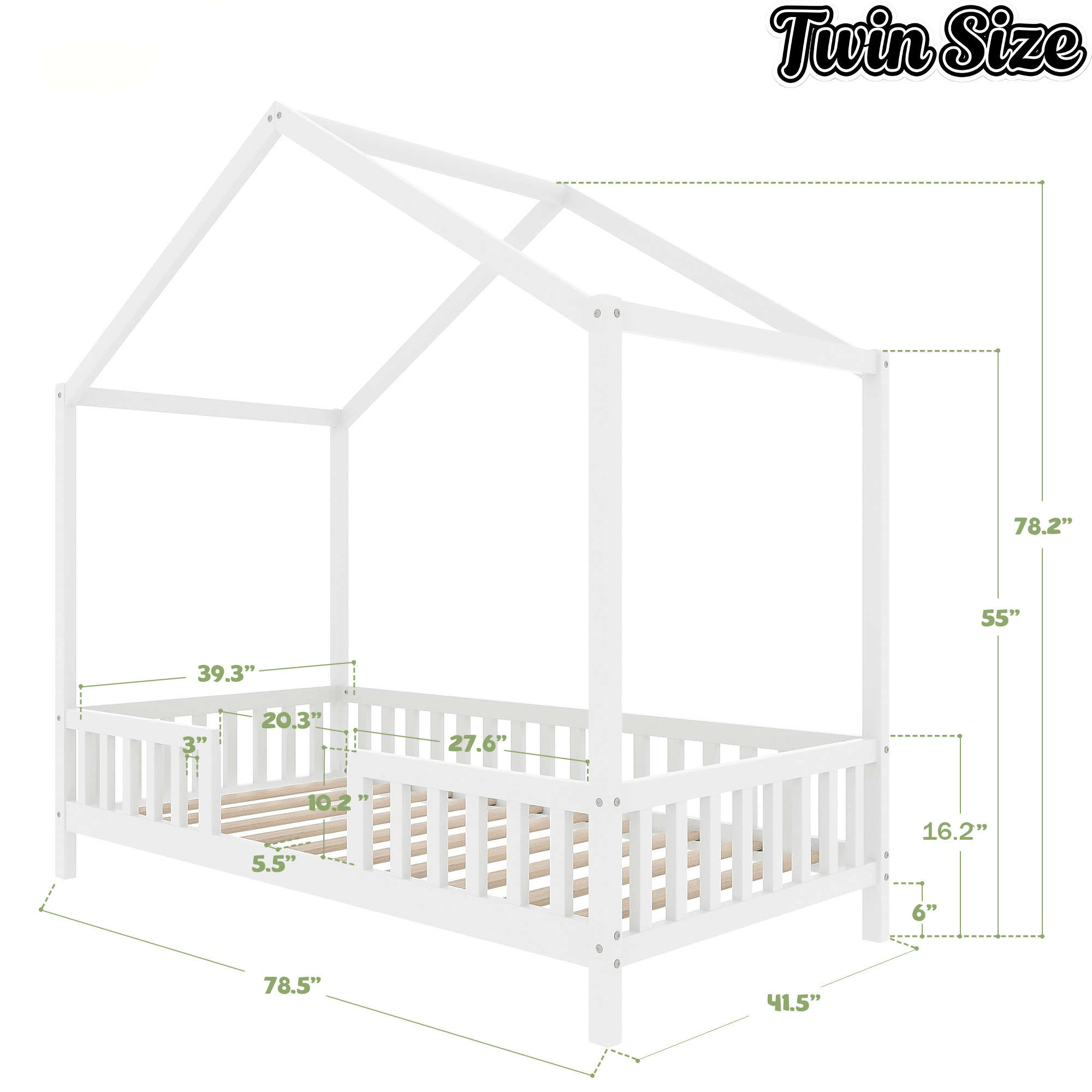 Bellemave® Twin House BedFrame with Canopy, Montessori Floor Bed, House Bed with Rails for Kids, Natural - Bellemave