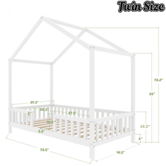 Bellemave® Twin House BedFrame with Canopy, Montessori Floor Bed, House Bed with Rails for Kids, Natural - Bellemave