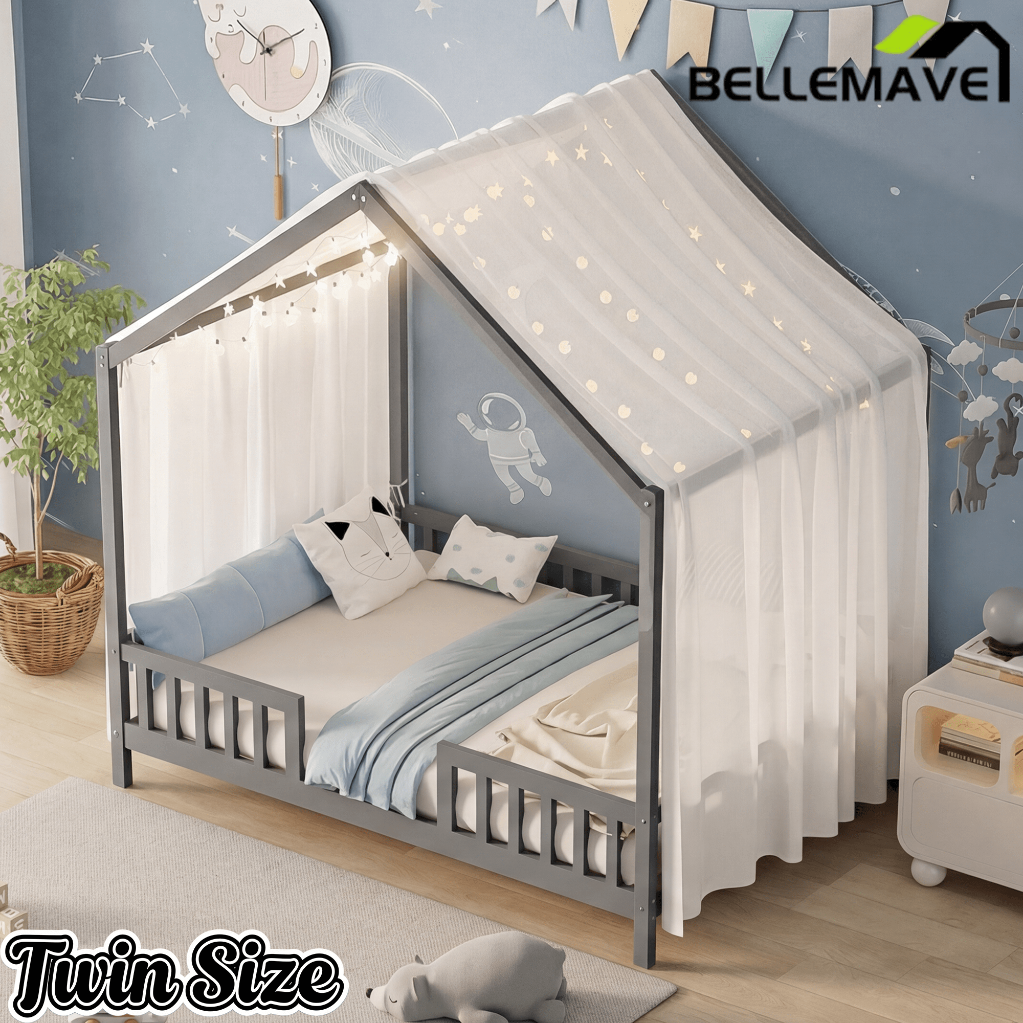 Bellemave® Twin House BedFrame with Canopy, Montessori Floor Bed, House Bed with Rails for Kids, Natural - Bellemave