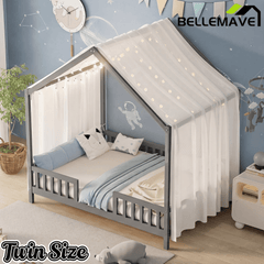 Bellemave® Twin House BedFrame with Canopy, Montessori Floor Bed, House Bed with Rails for Kids, Natural - Bellemave