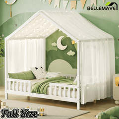 Bellemave® Twin House BedFrame with Canopy, Montessori Floor Bed, House Bed with Rails for Kids, Natural - Bellemave