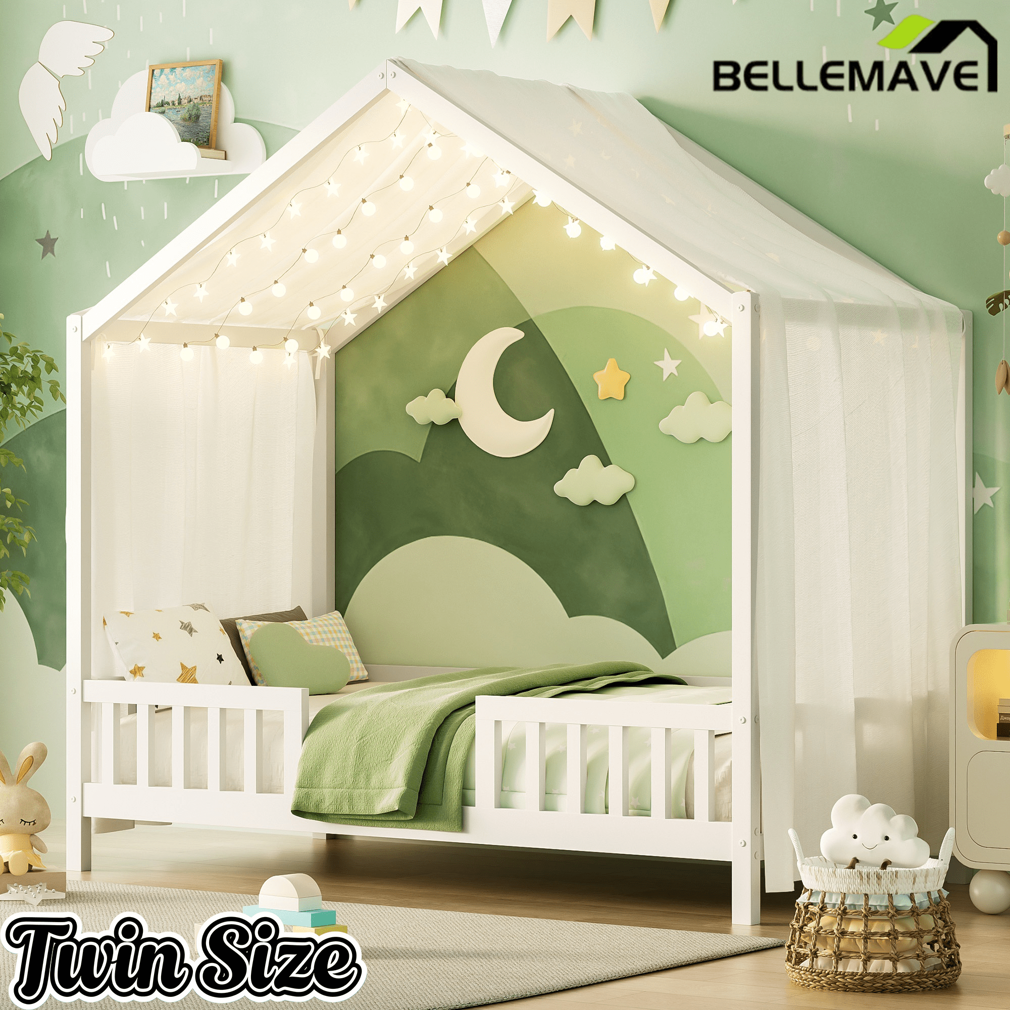 Bellemave® Twin House BedFrame with Canopy, Montessori Floor Bed, House Bed with Rails for Kids, Natural - Bellemave