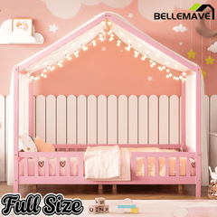 Bellemave® Twin House BedFrame with Canopy, Montessori Floor Bed, House Bed with Rails for Kids, Natural - Bellemave