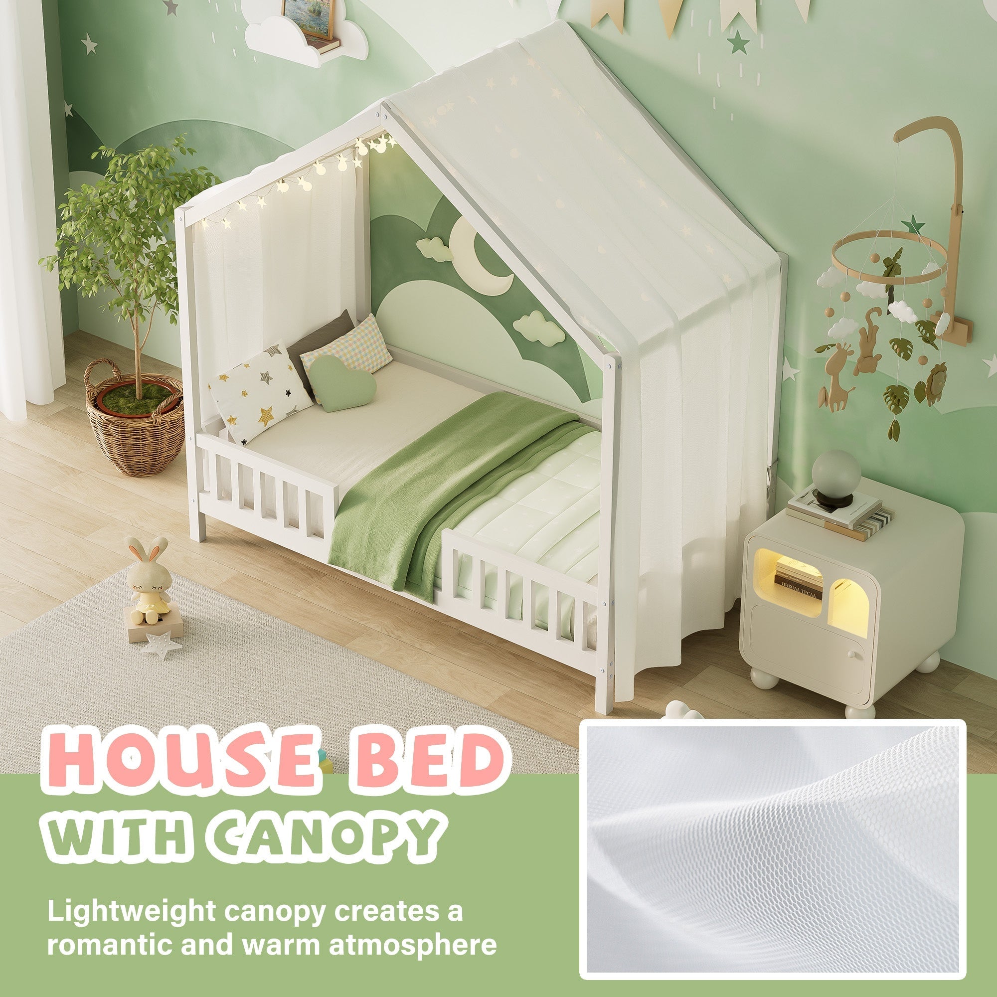 Bellemave® Twin House BedFrame with Canopy, Montessori Floor Bed, House Bed with Rails for Kids, Natural - Bellemave