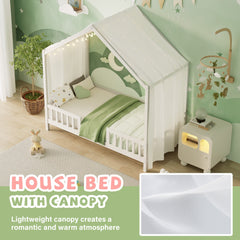 Bellemave® Twin House BedFrame with Canopy, Montessori Floor Bed, House Bed with Rails for Kids, Natural - Bellemave