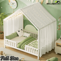Bellemave® Twin House BedFrame with Canopy, Montessori Floor Bed, House Bed with Rails for Kids, Natural - Bellemave