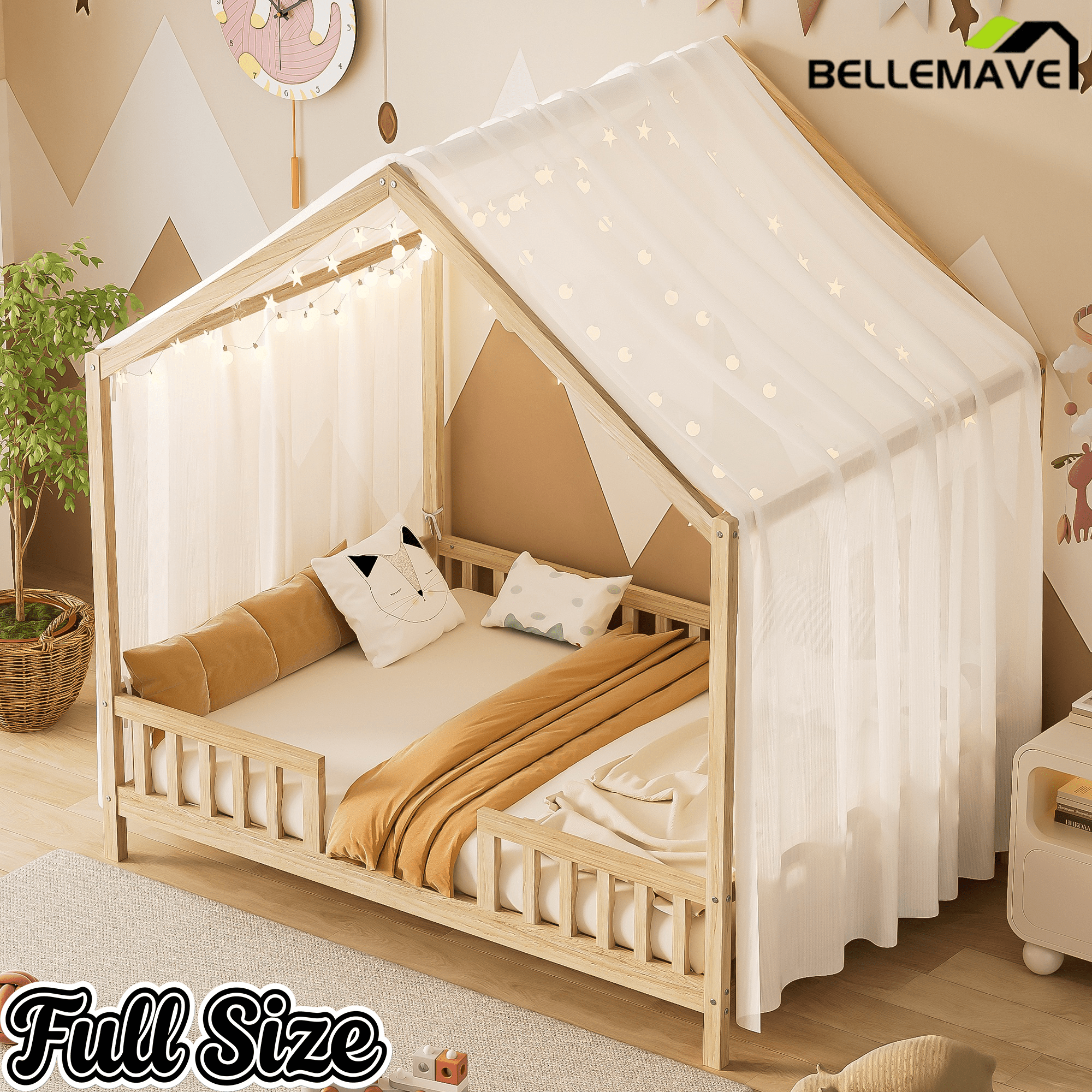 Bellemave® Twin House BedFrame with Canopy, Montessori Floor Bed, House Bed with Rails for Kids, Natural - Bellemave