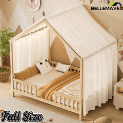 Bellemave® Twin House BedFrame with Canopy, Montessori Floor Bed, House Bed with Rails for Kids, Natural - Bellemave