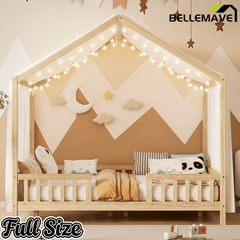 Bellemave® Twin House BedFrame with Canopy, Montessori Floor Bed, House Bed with Rails for Kids, Natural - Bellemave