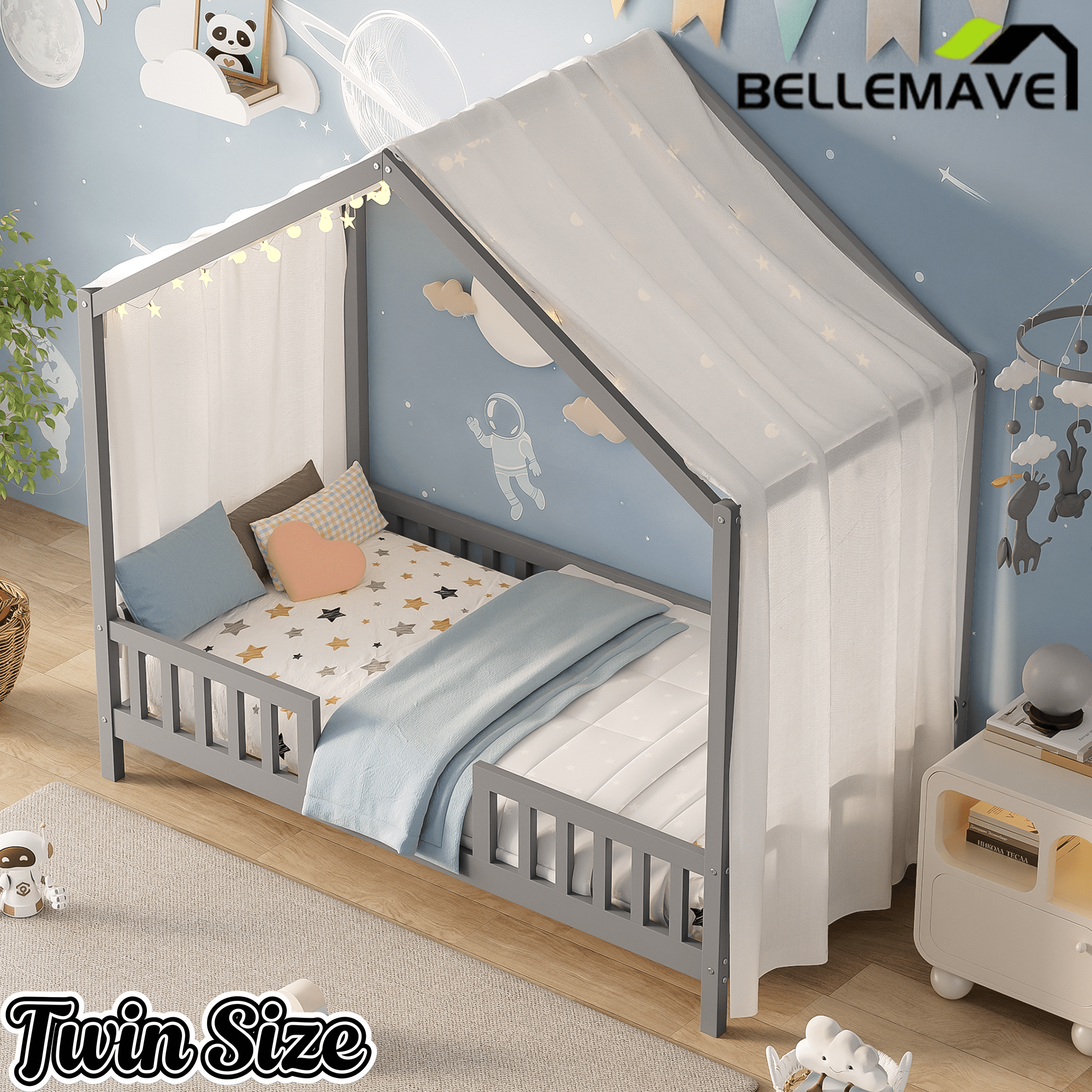 Bellemave® Twin House BedFrame with Canopy, Montessori Floor Bed, House Bed with Rails for Kids, Natural - Bellemave