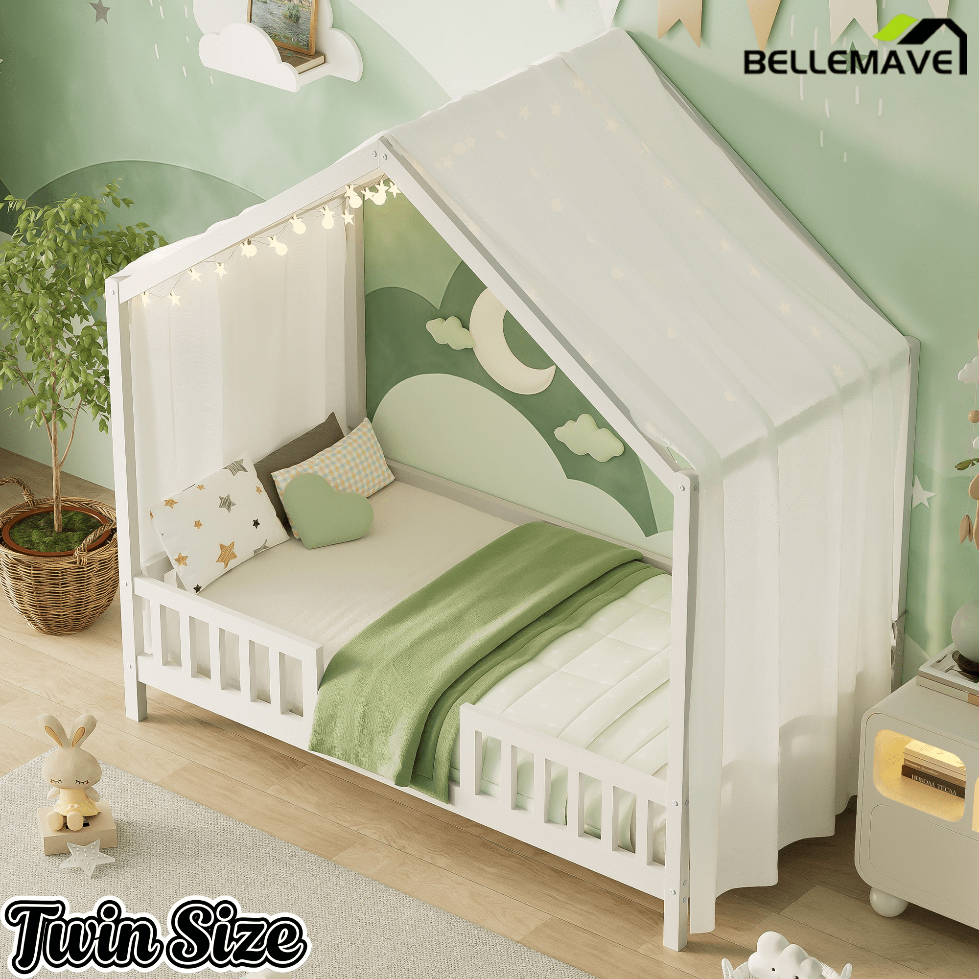 Bellemave® Twin House BedFrame with Canopy, Montessori Floor Bed, House Bed with Rails for Kids, Natural - Bellemave