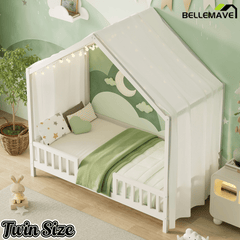 Bellemave® Twin House BedFrame with Canopy, Montessori Floor Bed, House Bed with Rails for Kids, Natural - Bellemave