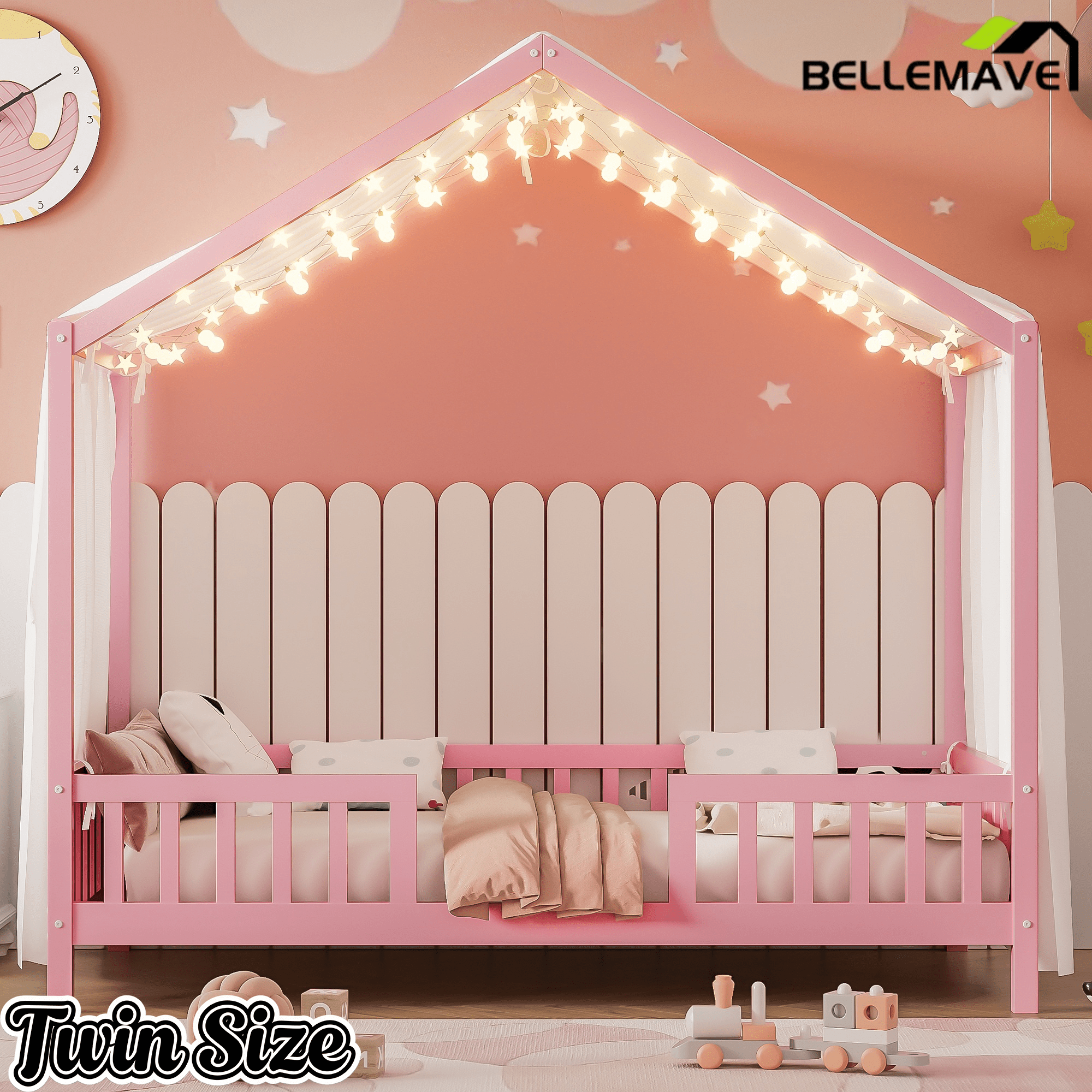 Bellemave® Twin House BedFrame with Canopy, Montessori Floor Bed, House Bed with Rails for Kids, Natural - Bellemave