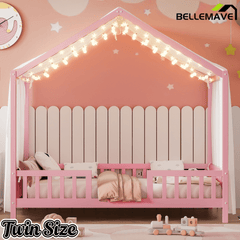 Bellemave® Twin House BedFrame with Canopy, Montessori Floor Bed, House Bed with Rails for Kids, Natural - Bellemave