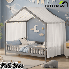 Bellemave® Twin House BedFrame with Canopy, Montessori Floor Bed, House Bed with Rails for Kids, Natural - Bellemave