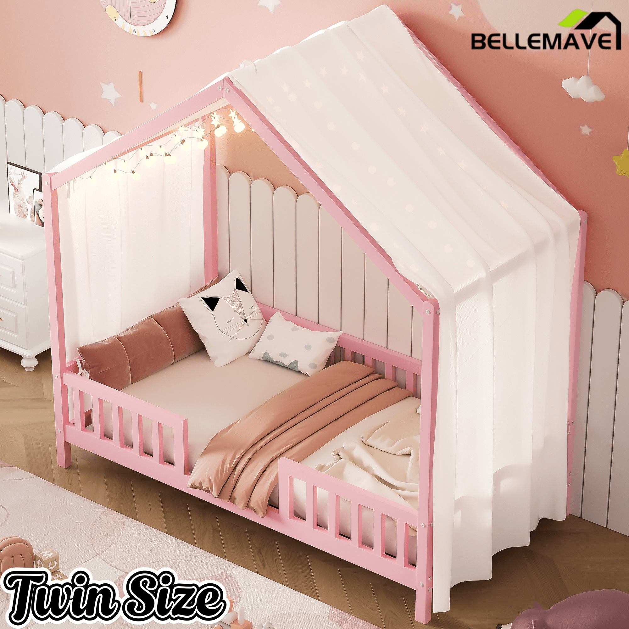 Bellemave® Twin House BedFrame with Canopy, Montessori Floor Bed, House Bed with Rails for Kids, Natural - Bellemave