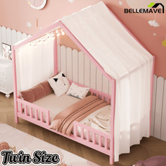 Bellemave® Twin House BedFrame with Canopy, Montessori Floor Bed, House Bed with Rails for Kids, Natural - Bellemave