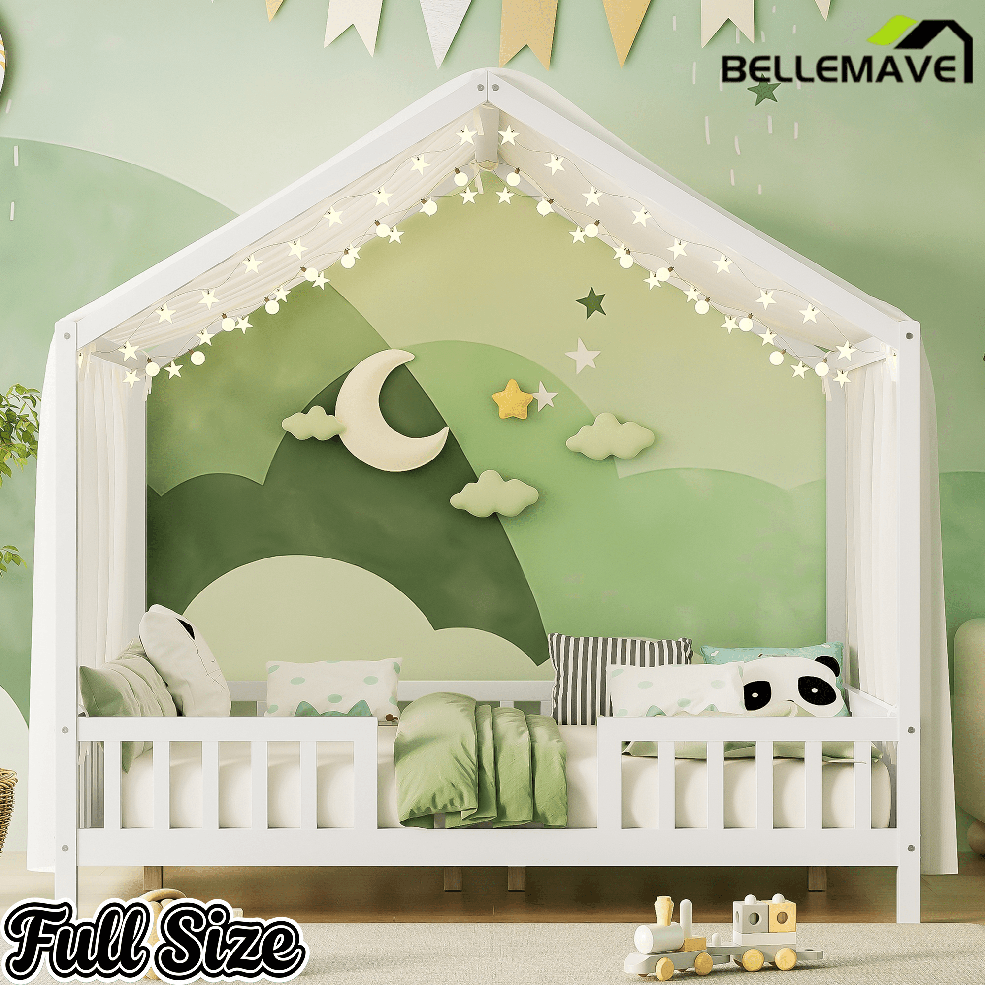 Bellemave® Twin House BedFrame with Canopy, Montessori Floor Bed, House Bed with Rails for Kids, Natural - Bellemave