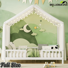 Bellemave® Twin House BedFrame with Canopy, Montessori Floor Bed, House Bed with Rails for Kids, Natural - Bellemave
