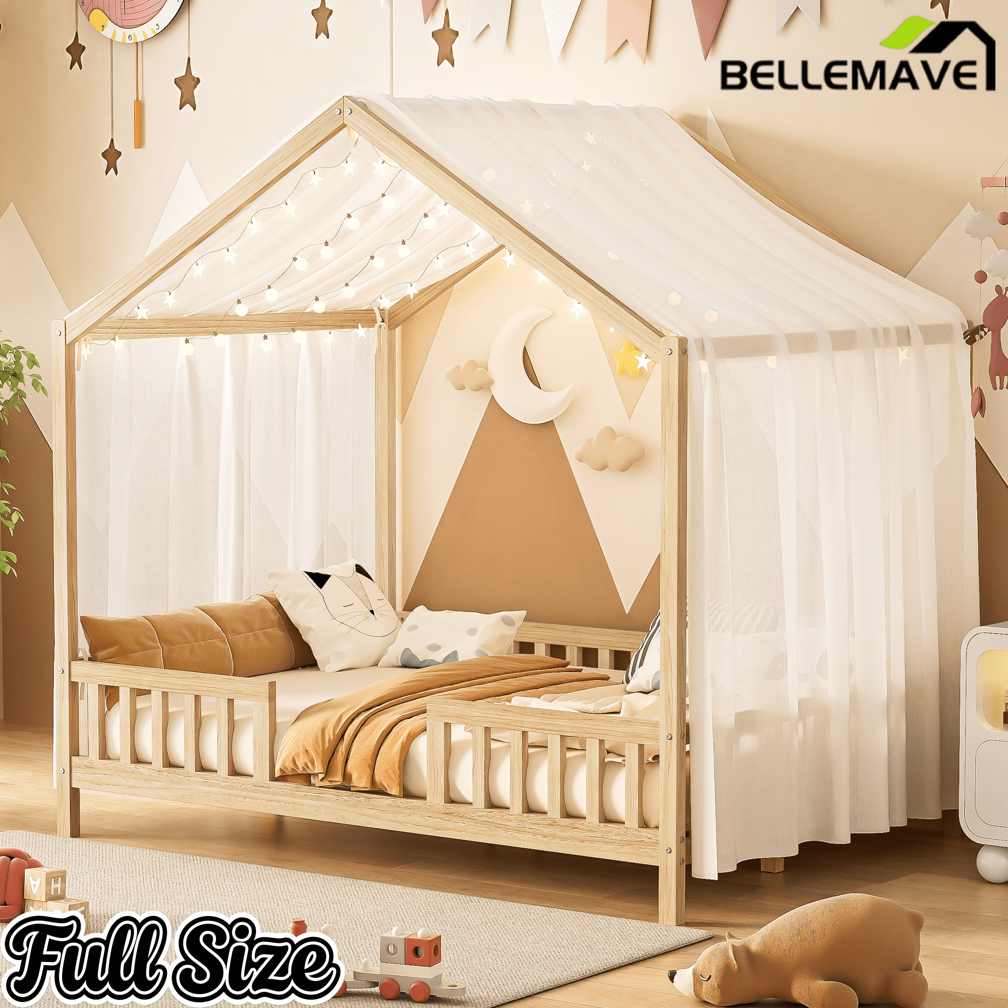 Bellemave® Twin House BedFrame with Canopy, Montessori Floor Bed, House Bed with Rails for Kids, Natural - Bellemave