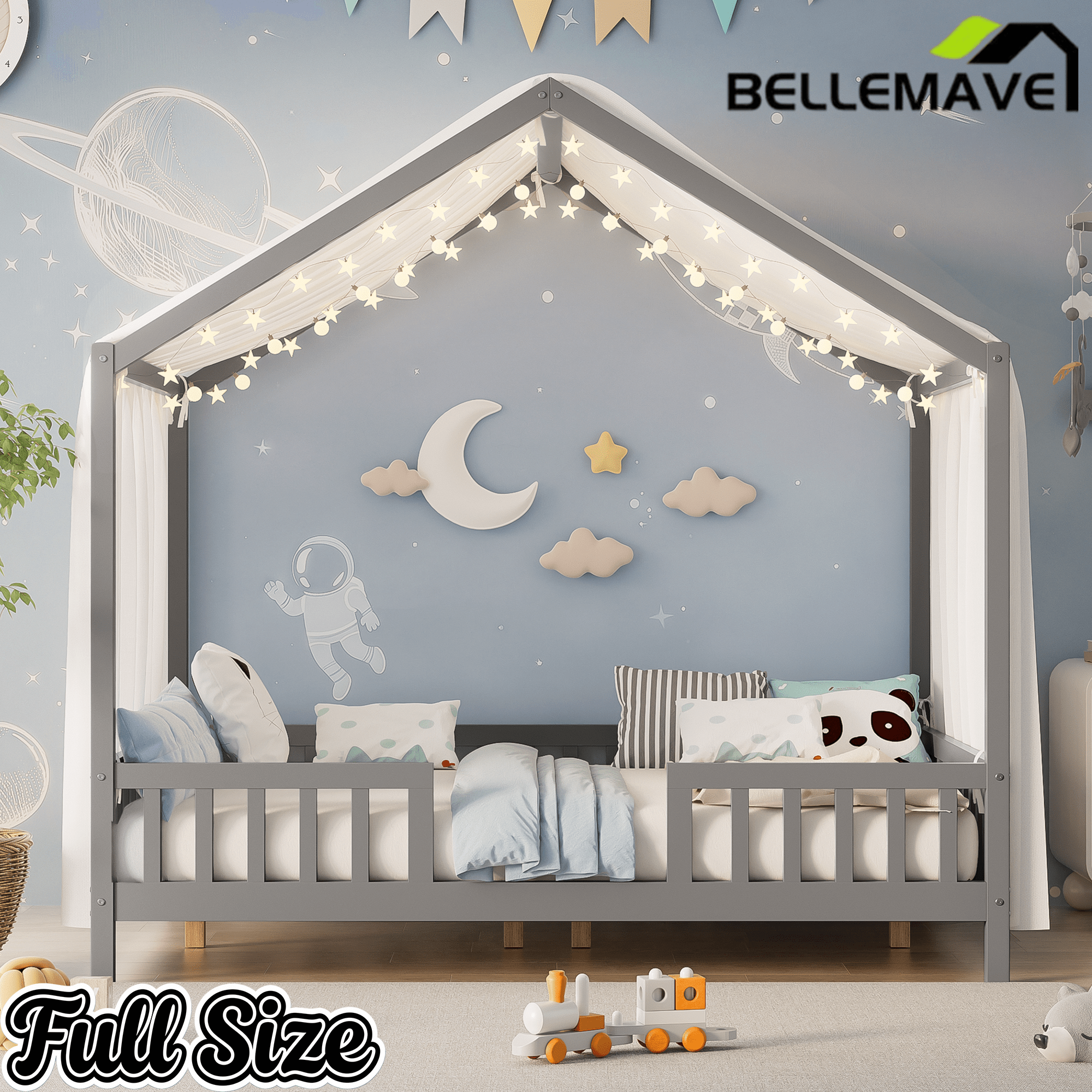 Bellemave® Twin House BedFrame with Canopy, Montessori Floor Bed, House Bed with Rails for Kids, Natural - Bellemave