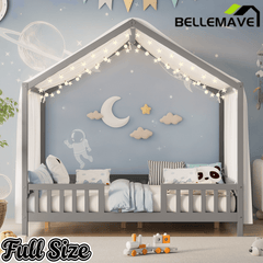 Bellemave® Twin House BedFrame with Canopy, Montessori Floor Bed, House Bed with Rails for Kids, Natural - Bellemave