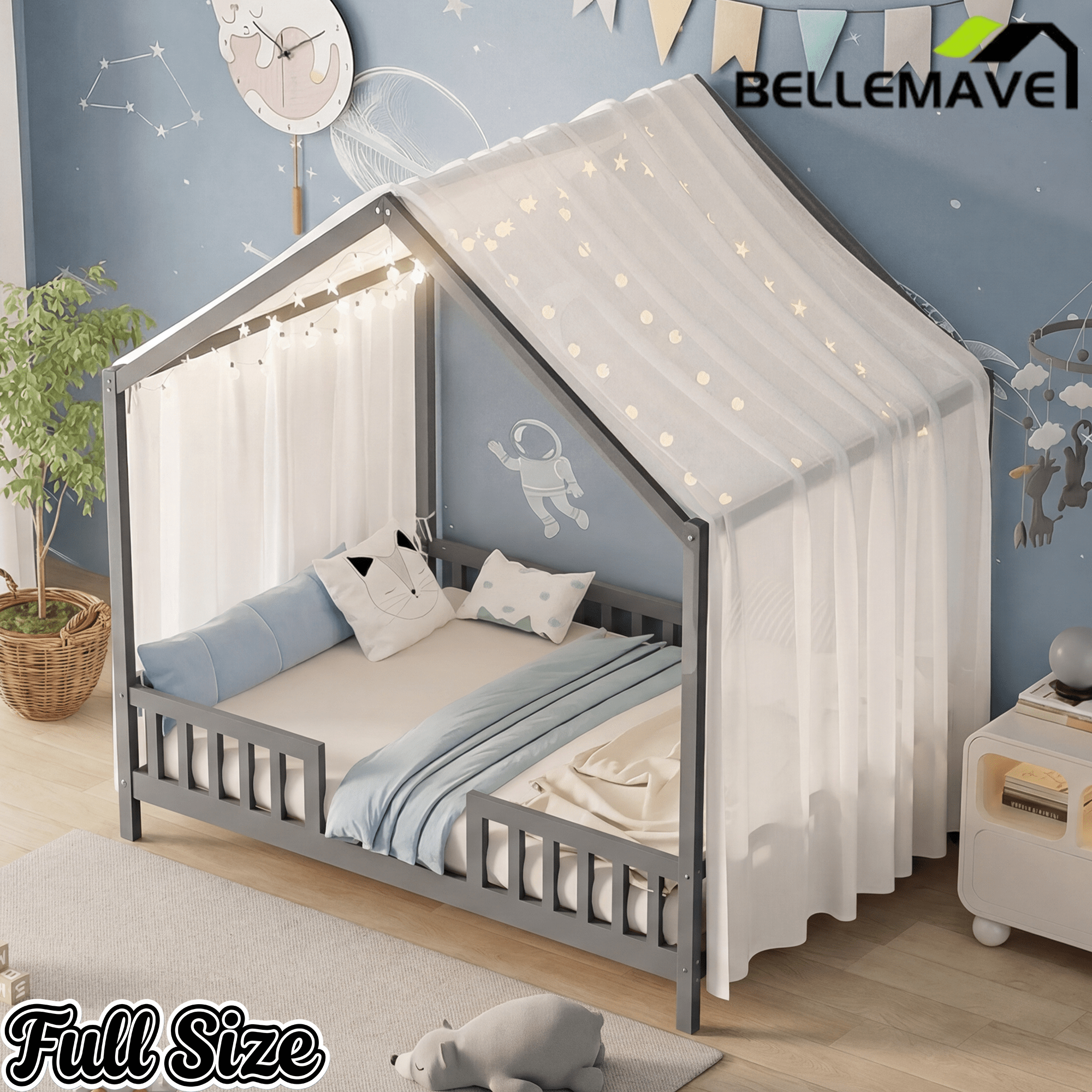 Bellemave® Twin House BedFrame with Canopy, Montessori Floor Bed, House Bed with Rails for Kids, Natural - Bellemave