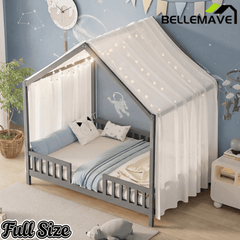 Bellemave® Twin House BedFrame with Canopy, Montessori Floor Bed, House Bed with Rails for Kids, Natural - Bellemave