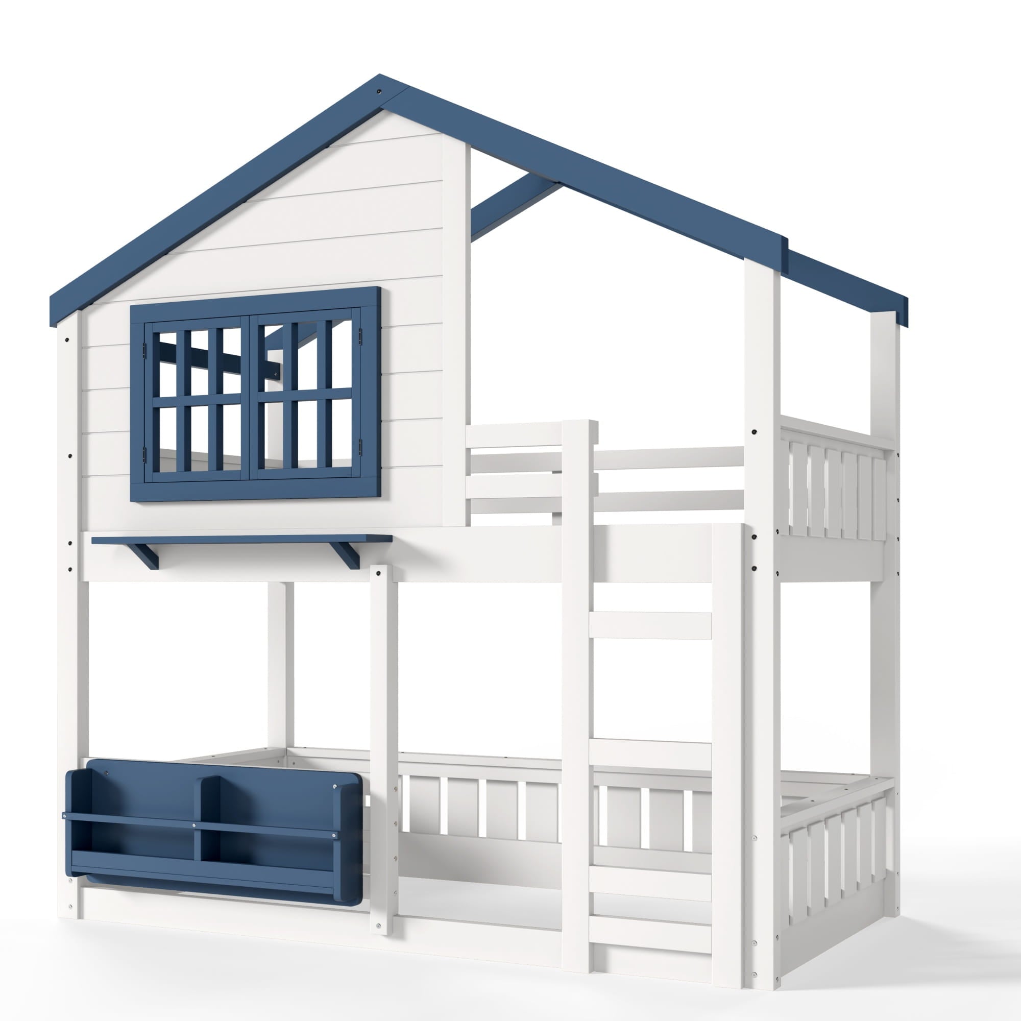 Bellemave® Twin House Bunk Bed Frame with Bookshelves, Wood Twin over Twin Bunk Beds with Windows, Low to Ground Bunkbed for Kids,Blue and White - Bellemave