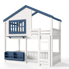 Bellemave® Twin House Bunk Bed Frame with Bookshelves, Wood Twin over Twin Bunk Beds with Windows, Low to Ground Bunkbed for Kids,Blue and White - Bellemave