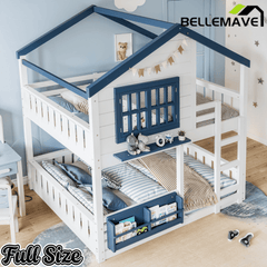 Bellemave® Twin House Bunk Bed Frame with Bookshelves, Wood Twin over Twin Bunk Beds with Windows, Low to Ground Bunkbed for Kids,Blue and White - Bellemave
