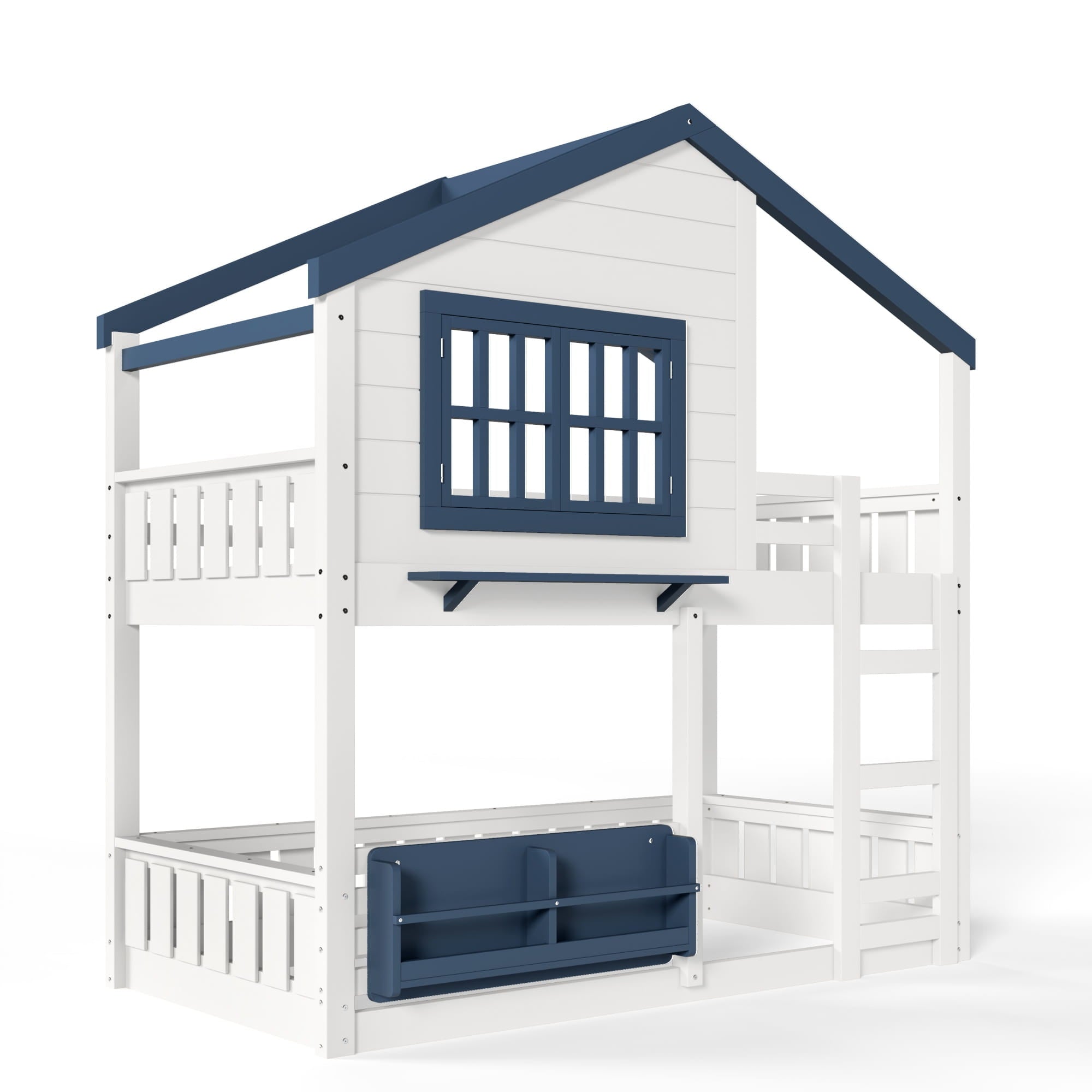 Bellemave® Twin House Bunk Bed Frame with Bookshelves, Wood Twin over Twin Bunk Beds with Windows, Low to Ground Bunkbed for Kids,Blue and White - Bellemave