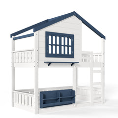 Bellemave® Twin House Bunk Bed Frame with Bookshelves, Wood Twin over Twin Bunk Beds with Windows, Low to Ground Bunkbed for Kids,Blue and White - Bellemave