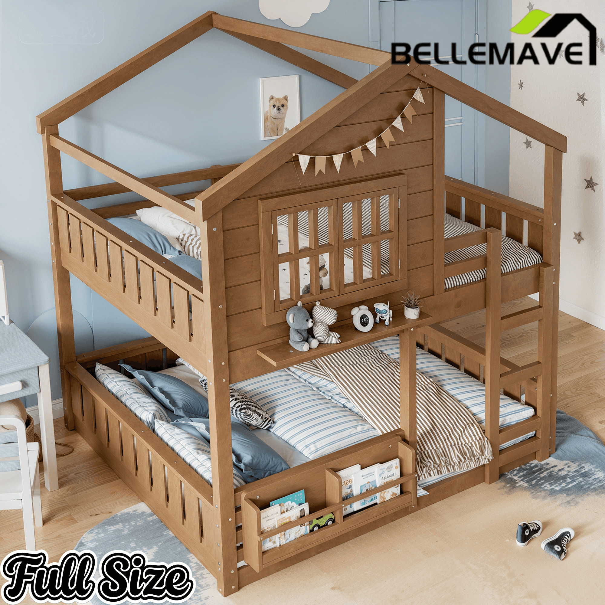 Bellemave® Twin House Bunk Bed Frame with Bookshelves, Wood Twin over Twin Bunk Beds with Windows, Low to Ground Bunkbed for Kids,Blue and White - Bellemave