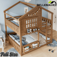 Bellemave® Twin House Bunk Bed Frame with Bookshelves, Wood Twin over Twin Bunk Beds with Windows, Low to Ground Bunkbed for Kids,Blue and White - Bellemave