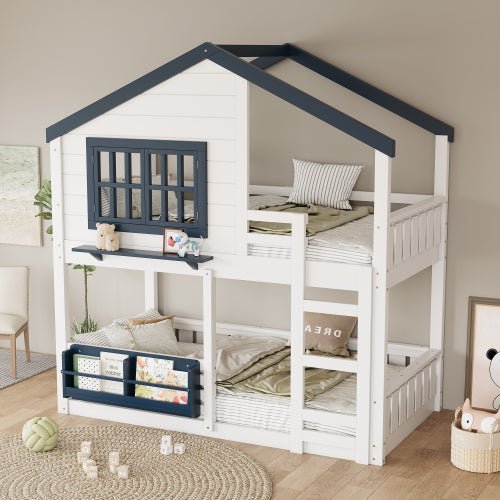 Bellemave® Twin House Bunk Bed Frame with Bookshelves, Wood Twin over Twin Bunk Beds with Windows, Low to Ground Bunkbed for Kids,Blue and White - Bellemave