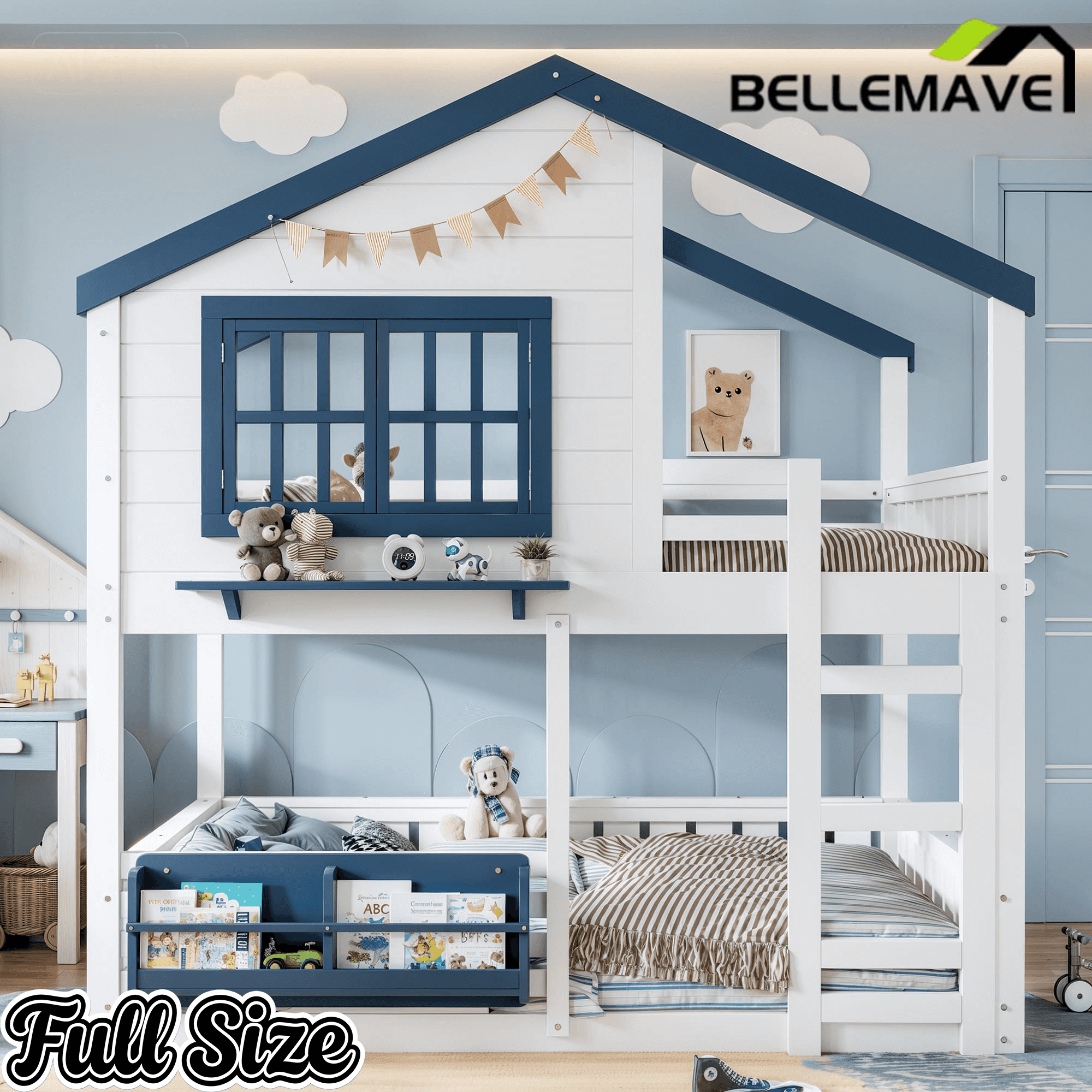 Bellemave® Twin House Bunk Bed Frame with Bookshelves, Wood Twin over Twin Bunk Beds with Windows, Low to Ground Bunkbed for Kids,Blue and White - Bellemave