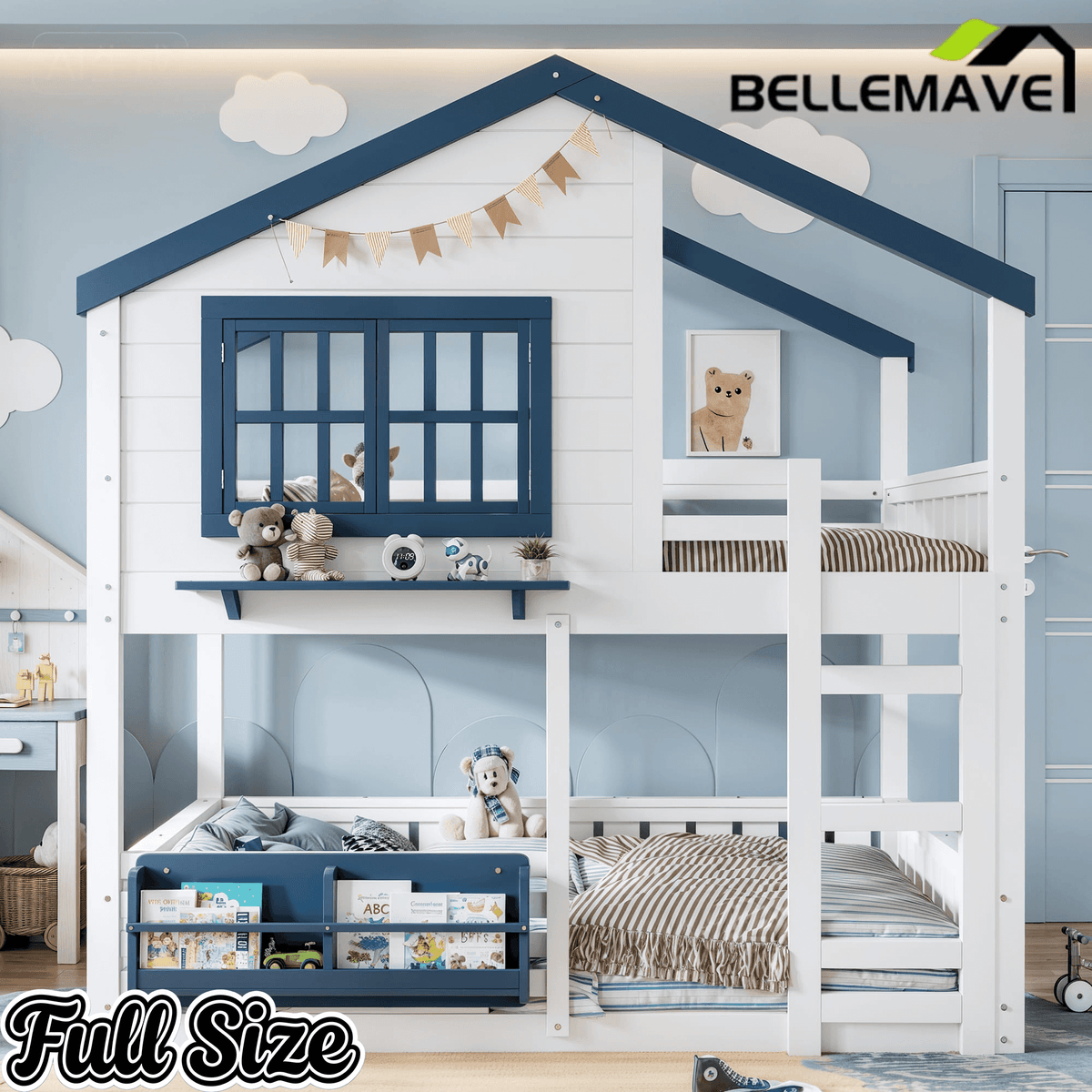 Bellemave® Twin House Bunk Bed Frame with Bookshelves, Wood Twin over Twin Bunk Beds with Windows, Low to Ground Bunkbed for Kids,Blue and White - Bellemave