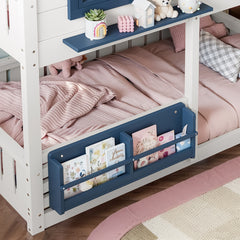 Bellemave® Twin House Bunk Bed Frame with Bookshelves, Wood Twin over Twin Bunk Beds with Windows, Low to Ground Bunkbed for Kids,Blue and White - Bellemave