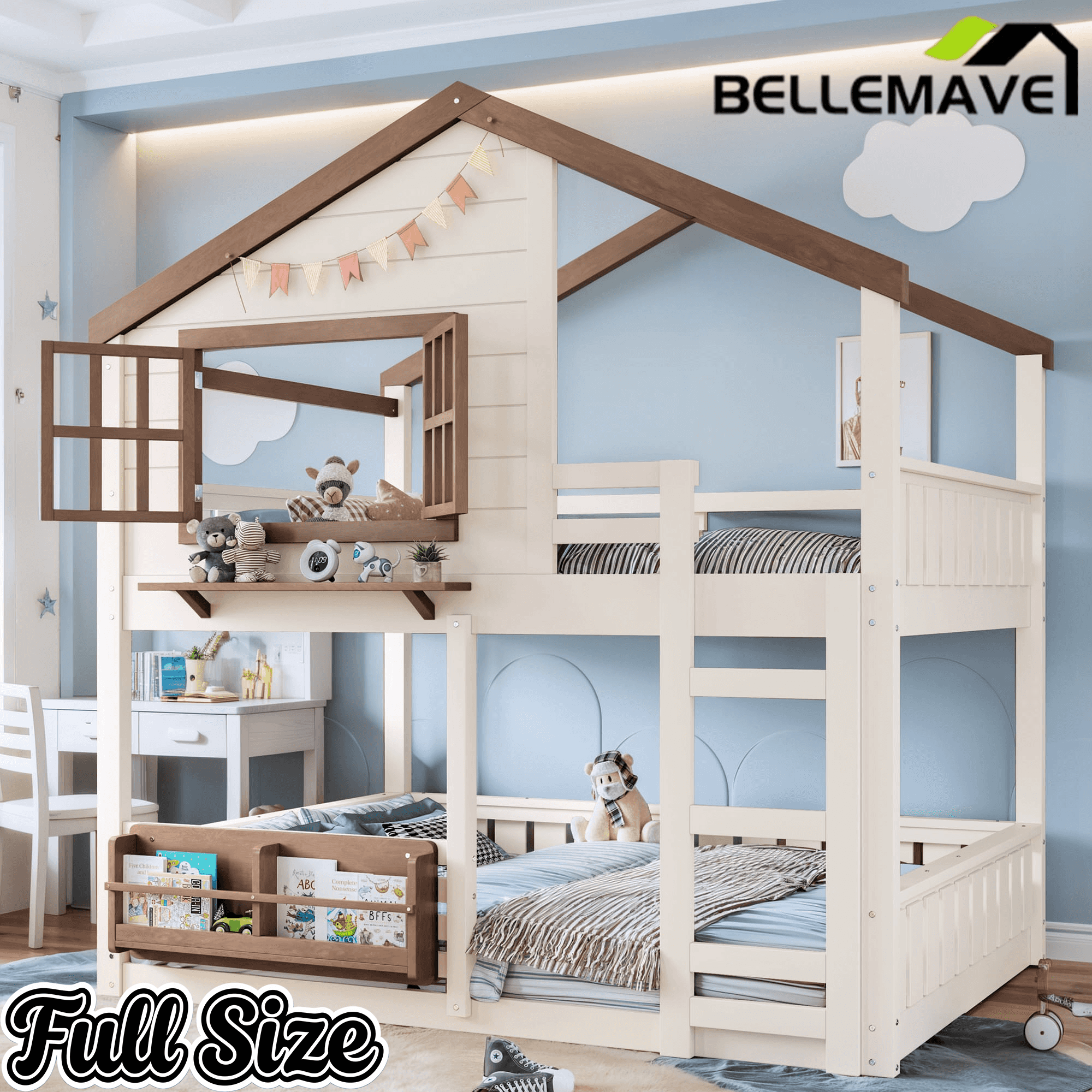 Bellemave® Twin House Bunk Bed Frame with Bookshelves, Wood Twin over Twin Bunk Beds with Windows, Low to Ground Bunkbed for Kids,Blue and White - Bellemave