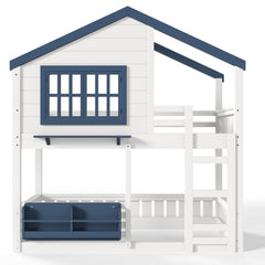 Bellemave® Twin House Bunk Bed Frame with Bookshelves, Wood Twin over Twin Bunk Beds with Windows, Low to Ground Bunkbed for Kids,Blue and White - Bellemave