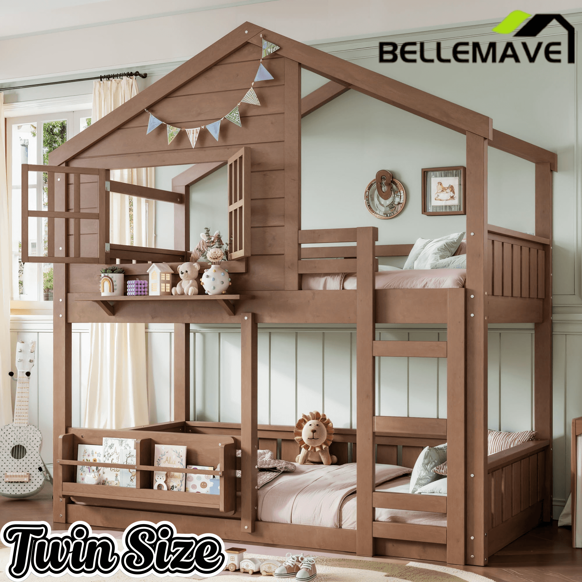 Bellemave® Twin House Bunk Bed Frame with Bookshelves, Wood Twin over Twin Bunk Beds with Windows, Low to Ground Bunkbed for Kids,Blue and White - Bellemave