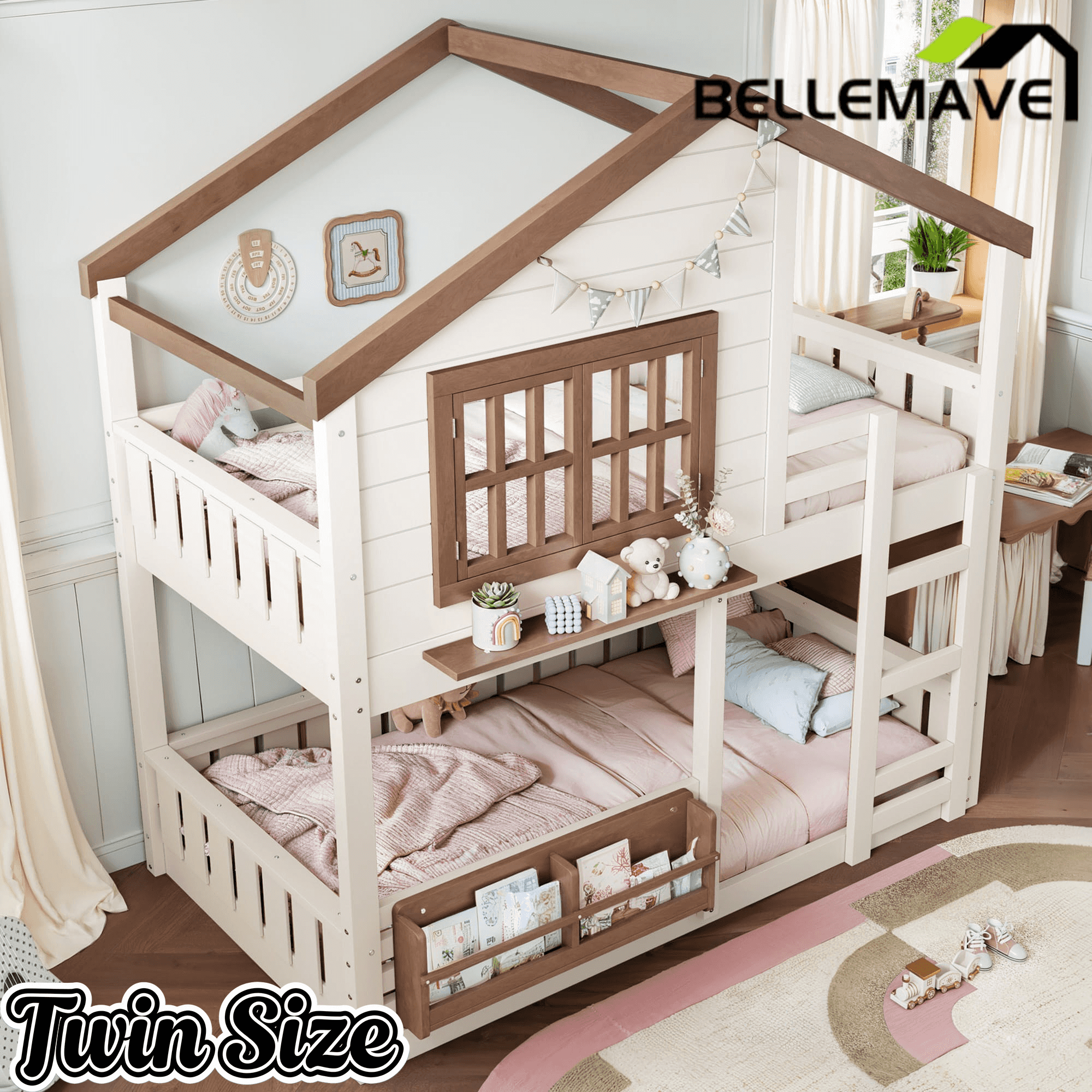 Bellemave® Twin House Bunk Bed Frame with Bookshelves, Wood Twin over Twin Bunk Beds with Windows, Low to Ground Bunkbed for Kids,Blue and White - Bellemave