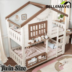 Bellemave® Twin House Bunk Bed Frame with Bookshelves, Wood Twin over Twin Bunk Beds with Windows, Low to Ground Bunkbed for Kids,Blue and White - Bellemave